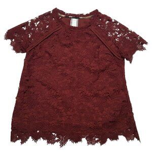 Guest Editor Top Womens Small Red Floral Crochet Lace Lined Short Sleeve